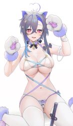 1girl 504_gateway absurdres ahoge animal_collar animal_ears animal_hands areola_slip asymmetrical_bangs azur_lane bell bikini blue_hair breasts cat_ears cleavage collar colored_inner_hair covered_erect_nipples crossed_bangs foch_(azur_lane) gloves grey_hair hair_between_eyes hair_over_shoulder hands_up heart heart_ahoge highres knife large_breasts looking_at_viewer micro_bikini multicolored_hair navel neck_bell paw_gloves paw_pose ribbon sidelocks simple_background slit_pupils solo swimsuit thighhighs white_background white_thighhighs