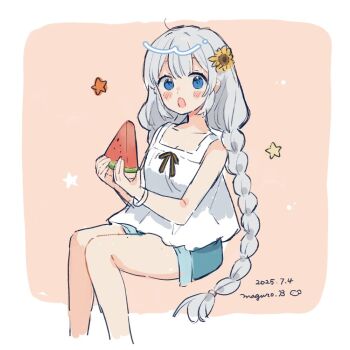 1girl :o bare_shoulders binchou_maguro blue_eyes blue_shorts blush braid collarbone commentary_request cropped_legs dated flower food fruit grey_hair hair_flower hair_ornament holding holding_food kizuna_akari long_hair looking_at_viewer open_mouth shirt shorts signature simple_background sleeveless sleeveless_shirt solo sunflower twin_braids very_long_hair vocaloid voiceroid watermelon watermelon_slice white_shirt
