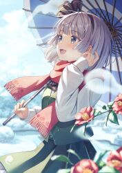 1girl :d black_hairband blue_umbrella commentary_request cowboy_shot day green_eyes green_skirt green_vest grey_hair hairband hand_up highres hitodama holding holding_umbrella konpaku_youmu long_sleeves oil-paper_umbrella open_mouth outdoors red_scarf scarf shirt short_hair skirt smile snow solo touhou umbrella vest white_shirt yuuka_nonoko