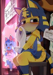 1boy 2girls ancient_egyptian animal_crossing animal_ears ankha_(animal_crossing) black_eyes blue_hair blush breasts cat_ears cat_girl cat_tail character_request closed_mouth commentary_request dagasi dancer furry furry_female highres holding holding_microphone looking_at_viewer microphone mouth_veil multiple_girls nintendo short_hair sitting small_breasts tail veil