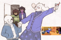 1boy 1other 2girls alcohol alternate_skin_color animal_ears blush closed_eyes colored_skin cup dancing deltarune drinking_glass drunk freckles furry furry_female goat goat_ears goat_girl goat_horns highres holding hood hoodie horns jacket kris_(deltarune) mature_female multiple_girls open_mouth purple_skin reptile_girl sans_(undertale) shirt skeleton smile spoilers susie_(deltarune) szivarvanyturmix02 toriel white_fur wine wine_glass