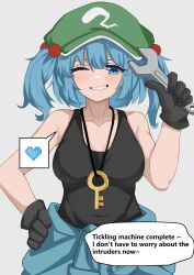 blue_eyes breasts english_text frown heart highres holding_tool jager kawashiro_nitori medium_breasts one_eye_closed portrait shirt speech_bubble t-shirt touhou upper_body white_background