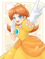 1girl blue_eyes brooch brown_hair crown double_v dress earrings flipped_hair flower_brooch flower_earrings gloves highres jewelry kisaragi_nino long_hair mario_(series) nintendo open_mouth princess_daisy puffy_short_sleeves puffy_sleeves short_sleeves smile v white_gloves yellow_dress