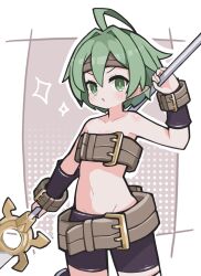 1girl :o belt belt_bra bike_shorts blush border brown_background brown_belt brown_headband collarbone commentary_request cowboy_shot disgaea female_warrior_(disgaea) green_eyes green_hair headband highres holding holding_staff looking_at_viewer navel open_mouth outline outside_border short_hair solo staff suaman v-shaped_eyebrows white_border white_outline
