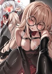Rule 34 | 2girls, @ @, absurdres, artist request, bare shoulders, blonde hair, blush, bodysuit, breasts, bright pupils, brown bodysuit, character request, chest harness, cleavage, closed mouth, commentary request, commission, covered navel, elbow gloves, female commander (girls&#039; frontline), girls&#039; frontline, glasses, gloves, harness, heart, heart in mouth, highres, korean commentary, leaning forward, long hair, looking at viewer, medium breasts, multiple girls, naughty face, nose blush, one eye closed, open mouth, red eyes, round eyewear, second-party source, skindentation, smile, thigh strap, tongue, tongue out, type 80 (girls&#039; frontline), very long hair, white hair, yuri