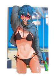 1girl @_@ arm_behind_head arm_up bikini black_bikini blue_hair blurry blurry_background blush breasts character_request cropped_hoodie disgust ear_piercing edie_crop_hoodie embarrassed hood hoodie large_breasts meme_attire mole mole_on_breast navel open_mouth piercing pink_eyes pink_sunglasses putomaya sunglasses swimsuit teeth water_gun