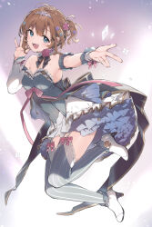 1girl :d bare_shoulders blonde_hair blue_dress blue_eyes blue_thighhighs blush boots bow breasts commentary_request detached_sleeves dress enomoto_hina flower frilled_dress frills full_body garter_straps hair_flower hair_ornament hands_up high_heels highres looking_at_viewer medium_breasts open_mouth original pink_bow pink_ribbon red_flower red_rose ribbon rose smile solo teeth thighhighs thighs upper_teeth_only white_boots white_tiara