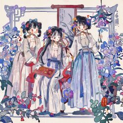 Rule 34 | 3girls, asymmetrical footwear, black hair, blue flower, blue footwear, blue ribbon, blue sash, blue skirt, blunt bangs, blush stickers, bow, brown eyes, chair, chinese clothes, chinese hairpin, collarbone, colored eyelashes, commentary, cup, double bun, english commentary, eyeshadow, floral print, flower, footwear bow, footwear flower, full body, gold necklace, green tea, grey shirt, hair bun, hair flower, hair ornament, hair ribbon, hand fan, highres, holding, holding fan, holding flower, holding tray, jacket, jewelry, layered sleeves, leaf, long hair, long sleeves, looking ahead, looking at another, looking at viewer, makeup, mismatched footwear, multiple girls, necklace, open clothes, open jacket, open mouth, orchid, original, pink flower, pink ribbon, pink sash, pink sleeves, pleated skirt, purple flower, purple jacket, purple ribbon, purple sash, putong xiao gou, red bow, red eyes, red eyeshadow, red footwear, red lips, ribbon, sash, scroll, shirt, short hair, sitting, skirt, straight hair, tassel, tassel hair ornament, tea, teacup, teapot, teeth, traditional clothes, tray, tuanshan, twintails, upper teeth only, waist ribbon, waist sash, white background, white flower, white jacket, white skirt, wide sleeves, yellow flower