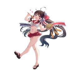 1girl alternate_costume bare_legs blush bow breasts brown_hair cleavage clothing_request corn_dog food frilled_bow frilled_hair_tubes frills game_cg groin hair_bow hair_tubes hakurei_frontier_spell_strive hakurei_reimu heart highres holding holding_food legs long_hair looking_at_viewer microskirt navel official_art open_mouth ponytail red_bow red_eyes red_skirt sandals skirt smile solo third-party_source toes touhou transparent_background usamata very_long_hair yakisoba