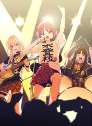 3girls :d awa_subaru bad_id bad_twitter_id belt black_choker black_hair black_shirt black_shorts blue_eyes blunt_bangs brown_skirt choker clothes_writing commentary_request concert crowd drum drum_set drumsticks girls_band_cry grey_eyes grey_hair hime_cut holding holding_drumsticks holding_microphone instrument iseri_nina kawaragi_momoka korean_commentary long_hair looking_at_object looking_at_viewer low_twintails microphone multiple_girls music open_mouth overskirt plaid_clothes plaid_shorts playing_guitar playing_instrument pointing pointing_up red_hair seczzsec shirt short_hair short_sleeves shorts sidelocks skirt smile stage_lights straight_hair thigh_belt thigh_strap twintails white_shirt wristband