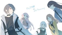 5girls anniversary bang_dream! bang_dream!_it&#039;s_mygo!!!!! black_choker black_hair black_hoodie black_necktie black_shirt blue_eyes brown_eyes brown_hair chihaya_anon choker grey_hair grey_jacket group_name hair_between_eyes heterochromia highres hood hood_down hoodie jacket kanade_(kanade_3344) kaname_raana long_hair long_sleeves mitsuketa_keshiki_tazusaete mole mole_under_eye multiple_girls mygo!!!!!_(bang_dream!) nagasaki_soyo necktie open_mouth parted_bangs pink_hair purple_eyes shiina_taki shirt short_hair sidelocks simple_background suspenders sweater takamatsu_tomori tucking_hair white_background white_sleeves yellow_eyes yellow_sweater