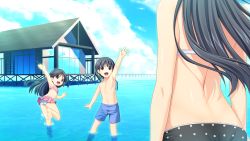 10s 1boy 2girls back back_focus barefoot black_eyes black_hair character_request fukami_nagisa game_cg highres house koutaro loli long_hair multiple_girls open_mouth short_hair shota swimsuit tropical_kiss tropical_vacation twinkle_(company) water waving