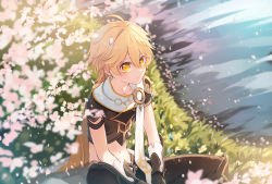 Rule 34 | 1boy, aether (genshin impact), ahoge, black gloves, black pants, black shirt, blonde hair, braid, cape, crop top, falling petals, genshin impact, gloves, hair between eyes, highres, long hair, male focus, midriff, navel, orange cape, orange eyes, outdoors, pants, petals, sakusakuagetate, shirt, single braid, sitting, solo