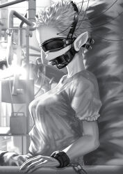 1girl blindfold bound chain chair cuffs electrodes elf gagged highres kein_hasegawa mixed-language_commentary monochrome original pointy_ears shirt short_hair sitting solo very_short_hair
