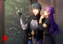 1boy 1girl armored_gloves black_cape black_gloves brick_wall cape chalk chalkboard commentary commission dagger english_commentary female_shez_(fire_emblem) fire_emblem fire_emblem:_three_houses fire_emblem_warriors:_three_hopes garreg_mach_monastery_uniform gloves hair_bun holding holding_chalk indoors knife long_hair looking_at_another male_byleth_(fire_emblem) medibang_paint_(medium) nintendo open_mouth purple_hair rezzyfa single_side_bun standing teaching teeth tongue upper_teeth_only weapon