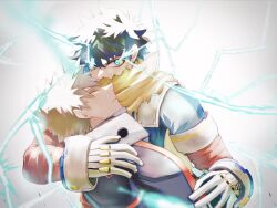 Rule 34 | 2boys, arm around shoulder, bakugou katsuki, black shirt, blonde hair, boku no hero academia, closed mouth, covered mouth, electricity, freckles, gloves, glowing, glowing eyes, green eyes, green hair, hair between eyes, highres, looking to the side, male focus, midoriya izuku, multiple boys, parted lips, scarf, shirt, short hair, sideways glance, superhero costume, torn clothes, torn scarf, unconscious, uni ssansyo, white background, white gloves, yellow scarf