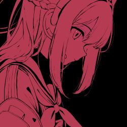 Rule 34 | 1girl, absurdres, animal ears, armband, black background, blue archive, braid, closed mouth, crown braid, from side, halo, headphones, headset, highres, long hair, meliach, miyako (blue archive), monochrome, neckerchief, profile, red theme, sailor collar, school uniform, serafuku, simple background, solo, upper body