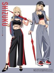 Rule 34 | 1girl, :o, annoyed, baseball cap, black hat, black shoes, blonde hair, border, closed mouth, closed umbrella, clothes writing, commentary request, commission, cropped jacket, eyes visible through hair, fangs, fingernails, full body, grey border, grey jacket, grey pants, hat, high heels, highres, holding, holding umbrella, jacket, long hair, looking at viewer, moya (toatomoot), multiple views, navel, open mouth, original, pants, red nails, red shoes, red umbrella, shoes, skeb commission, slit pupils, sneakers, standing, stomach, umbrella, v-shaped eyebrows, white background, yellow eyes