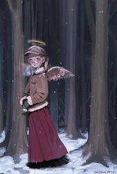 1girl angel angel_wings bare_tree blonde_hair breath brown_hat brown_jacket brown_wings commentary dated english_commentary feathered_wings forest full_body fur-trimmed_jacket fur_trim glasses grey_eyes haibane_renmei halo hat highres hikari_(haibane) jacket long_hair long_skirt long_sleeves looking_at_viewer merry_christmas mittens nature open_mouth outdoors ponytail red_skirt round_eyewear skirt smile snow snow_on_head snowing solo standing traditional_halo tree wings winter winter_clothes yu_(stdio_nameraka)