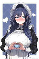 1girl absurdres apron black_dress blue_eyes blue_hair braid breasts commentary dress english_commentary facing_viewer hair_between_eyes hair_intakes hat heart heart_hands highres hololive hololive_english kaiju_ryoku large_breasts long_hair long_sleeves low_twin_braids maid maid_apron mob_cap official_alternate_costume official_alternate_hairstyle ouro_kronii ouro_kronii_(maid) sidelocks sideways_glance simple_background solo twin_braids twitter_username upper_body virtual_youtuber white_apron