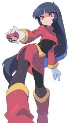 absurdres ben-day_dots black_bodysuit blue_hair blunt_bangs bodysuit boots cropped_jacket dynamic_pose gloves highres holding jacket long_hair mamovt nintendo pantyhose poke_ball pokemon pokemon_frlg red_boots red_eyes red_jacket red_skirt sabrina_(pokemon) screentones side_slit skirt standing white_gloves