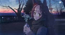 1girl animal_ears bare_tree bottle brown_hair cloud coat commentary_request dated ear_scrunchie hands_up holding holding_bottle horse_ears horse_girl lamppost long_hair long_sleeves looking_at_viewer looking_to_the_side low_twintails multicolored_hair open_mouth outdoors railing scarf solo steam sunset takuzui tree twintails twitter_username two-tone_hair umamusume upper_body yamanin_zephyr_(umamusume) yellow_eyes