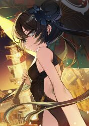 Rule 34 | absurdres, b soyo1, bare shoulders, black dress, black hair, blue archive, blush, breasts, butterfly hair ornament, china dress, chinese clothes, closed mouth, double bun, dragon print, dress, eyelashes, grey eyes, grey halo, hair bun, hair ornament, halo, highres, kisaki (blue archive), long hair, looking at viewer, outdoors, print dress, sleeveless, sleeveless dress, small breasts, solo, twintails, umbrella, very long hair