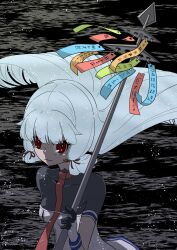 1girl blunt_bangs donguri_(kino4405) dress fingerless_gloves gloves grey_hair hair_ribbon highres kantai_collection long_hair murakumo_(kancolle) murakumo_kai_ni_(kancolle) necktie polearm red_eyes red_necktie ribbon sidelocks smile solo spear tanabata tanzaku tress_ribbon upper_body weapon white_dress white_gloves