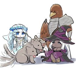 1boy 2girls absurdres alternate_skin_color bird_boy black_skin blush chibi colored_eyelashes colored_skin dark-skinned_female dark_skin dog dress elden_ring elden_ring_nightreign guardian_(elden_ring) hat hat_over_eyes hat_over_one_eye highres large_hat long_hair multiple_girls nijiomu purple_hat purple_sleeves recluse_(elden_ring) revenant_(elden_ring) very_dark_skin white_eyelashes witch witch_hat wooden_staff
