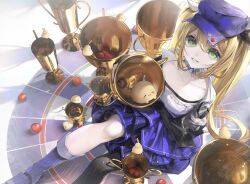 1girl absurdres bird blonde_hair blue_footwear blue_hat breasts choker cleavage dokibird_(vtuber) dokibird_(vtuber)_(retro_doki) dragoon_(dokibird) dress eskm00 fingerless_gloves gloves green_eyes grey_jacket hair_between_eyes hat hat_ornament heart heart_hat_ornament highres holding holding_trophy indie_virtual_youtuber jacket layered_dress long_hair looking_at_viewer single_leg_pantyhose sitting small_breasts smile solo tomato trophy twintails very_long_hair virtual_youtuber yellow_bird
