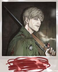 1boy absurdres adam&#039;s_apple blood blood_on_clothes blood_on_hands brown_hair censored censored_text english_text fake_photograph green_shirt gun highres holding holding_gun holding_weapon james_sunderland long_hair male_focus nyeigneous parted_lips pointless_censoring polaroid_photo red_pupils shirt short_hair silent_hill_(series) silent_hill_2 smoke solo sparse_stubble weapon