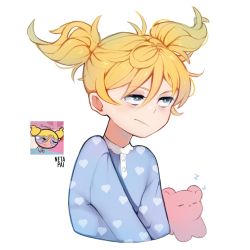 Rule 34 | 1girl, absurdres, bags under eyes, blonde hair, blue eyes, bubbles (ppg), buttercup redraw challenge (meme), heart, heart print, highres, long hair, long sleeves, looking at viewer, meme, netapai1, powerpuff girls, reference inset, screenshot inset, simple background, sleepwear, sleepy, stuffed toy, twintails, white background, zzz