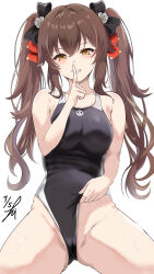 Rule 34 | 1girl, absurdres, alternate costume, black bow, black one-piece swimsuit, blush, bow, breasts, brown eyes, brown hair, clenched teeth, clothes pull, collarbone, commentary request, competition swimsuit, finger to mouth, girls&#039; frontline, girls&#039; frontline 2: exilium, hair bow, highleg, highleg one-piece swimsuit, highres, jiangyu (girls&#039; frontline 2), long hair, looking at viewer, one-piece swimsuit, one-piece swimsuit pull, shushing, simple background, smile, solo, swimsuit, takumi munato, teeth, twintails, type 97 (girls&#039; frontline), white background