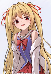 Rule 34 | 1girl, :d, absurdres, bare shoulders, blonde hair, blue shirt, blush, bow, coat, commentary, cowboy shot, grey background, hair between eyes, hair intakes, hair ribbon, happy, highres, irotoridori no sekai, lab coat, long hair, long sleeves, looking at viewer, miniskirt, nikaidou shinku, open clothes, open coat, open mouth, pleated skirt, red bow, red eyes, red ribbon, red skirt, ribbon, sailor collar, school uniform, serafuku, shirt, simple background, skirt, sleeveless, sleeveless shirt, smile, solo, straight hair, takoyaki032002, two side up, very long hair, white sailor collar