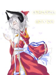 1girl amputee back_bow black_horns bow closed_eyes closed_mouth commentary_request copyright_name cowboy_shot dress flat_chest garter_straps hair_bow high_priest_(ragnarok_online) highres horns juliet_sleeves long_hair long_sleeves petals puffy_sleeves ragnarok_online red_bow red_dress sash sera_(hitsuji_to_kitsune) simple_background smile solo thighhighs two-tone_dress white_background white_bow white_dress white_hair white_sash white_thighhighs
