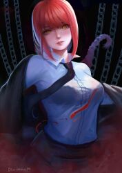 1girl absurdres artist_name black_background black_coat black_necktie bra_visible_through_clothes breasts chain chainsaw_man coat collared_shirt commentary english_commentary highres large_breasts long_hair looking_at_viewer makima_(chainsaw_man) necktie parted_lips red_hair ringed_eyes sengnam1997 shirt sidelocks solo white_shirt yellow_eyes
