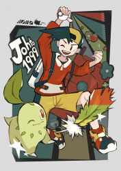 1999 1boy absurdres backpack backwards_hat bag berry_(pokemon) black_hair border celebi cheri_berry chikorita clenched_hand ethan_(pokemon) feathers gen_2_pokemon grey_border hair_through_headwear hat highres holding holding_poke_ball legendary_pokemon male_focus mythical_pokemon nintendo one_eye_closed open_mouth ottoyamaotoko8 poke_ball poke_ball_(basic) pokedex pokemon pokemon_(creature) pokemon_gsc rainbow_feather_(pokemon) short_hair shorts white_bag yellow_shorts