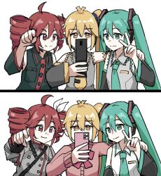 3girls ahoge akita_neru aqua_eyes aqua_hair blonde_hair cellphone detached_sleeves drill_hair hatsune_miku highres holding holding_phone iphone kasane_teto kasane_teto_(sv) kasane_teto_(utau) long_hair multiple_girls necktie phone red_eyes red_hair side_ponytail smartphone solo tenten_(chan4545) triple_baka_(vocaloid) twin_drills twintails utau very_long_hair vocaloid yellow_eyes zako_(vocaloid)