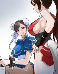 2girls arm_guards bare_shoulders bracelet breasts brown_eyes brown_hair bun_cover capcom china_dress chinese_clothes chun-li double_bun dress earrings fatal_fury grin hair_bun high_ponytail highres japanese_clothes jewelry large_breasts long_hair looking_at_another meke_(77842928) multiple_girls ninja pantyhose pelvic_curtain ponytail revealing_clothes shiranui_mai sideboob sitting smile snk spiked_bracelet spikes standing street_fighter studded_bracelet the_king_of_fighters white_background