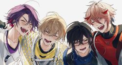 4boys :d ^_^ absurdres ahoge arm_around_shoulder black-framed_eyewear black_gloves black_hair black_shirt blonde_hair blue_shirt blush chain chain_necklace closed_eyes collarbone colored_inner_hair commentary_request crossed_bangs ear_piercing earrings fura_kanato glasses gloves hair_between_eyes hair_intakes highres jacket jewelry kashitsuki_(tashikaniaruki) male_focus multicolored_hair multiple_boys necklace nijisanji off_shoulder open_clothes open_jacket open_mouth orange_hair parted_bangs piercing pink_hair purple_hair purple_shirt red_hair red_shirt seraph_dazzlegarden shikinagi_akira shirt short_hair simple_background smile streaked_hair sweat teeth turtleneck two-tone_hair two-tone_shirt upper_body v-shaped_eyebrows virtual_youtuber voltaction watarai_hibari white_background white_jacket white_shirt yellow_shirt
