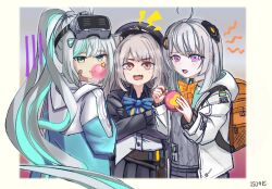 Rule 34 | 3girls, admi (nikke), ahoge, bag, bandaid, bandaid on cheek, bandaid on face, belt, black gloves, blue bow, blue bowtie, bomb, border, bow, bowtie, brown eyes, chewing gum, collared shirt, crossed arms, dated, epinel (nikke), explosive, fang, gloves, goddess of victory: nikke, green eyes, green hair, grey hair, grey sweater, hair ornament, hat, head-mounted display, headgear, highres, holding, hood, hooded jacket, jacket, long hair, long sleeves, looking at viewer, multicolored hair, multiple girls, open mouth, pink eyes, pleated skirt, ponytail, shirt, sidelocks, skin fang, skirt, soline (nikke), star (symbol), streaked hair, sweater, tebasake, yellow bow, yellow bowtie