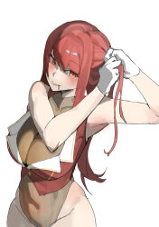 1girl absurdres adjusting_hair breasts cleavage gloves heterochromia highres hololive houshou_marine houshou_marine_(1st_costume) jacket large_breasts leotard leotard_under_clothes long_hair mei_puru29 mouth_hold orange_eyes red_hair red_jacket see-through_cleavage see-through_clothes simple_background sleeveless sleeveless_jacket solo virtual_youtuber white_background white_gloves yellow_eyes