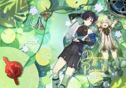 1boy 1girl animal_print anklet aqua_gemstone aranara_(genshin_impact) arm_behind_head armlet armor artist_name belt bird_print black_belt black_bodysuit black_bow black_bridal_gauntlets black_hair black_leggings black_shorts bloomers blue_cape blue_hat blue_kimono blue_sleeves blunt_ends bodysuit bow bracelet bridal_gauntlets cape cat cat&#039;s_cradle character_name closed_eyes closed_mouth colored_eyelashes colored_tips cover dated detached_sleeves dress eucalypink eyelashes facing_viewer feathers flower from_above furisode gem genshin_impact gold gold_ring gold_trim gradient_hair green_cape green_hair green_sleeves hair_between_eyes hair_intakes hair_ornament hakama hakama_shorts hand_on_own_stomach hat japanese_armor japanese_clothes jewelry jingasa juban kimono kote kurokote layered_sleeves leaf leaf_hair_ornament leg_warmers leggings lily_(flower) lily_pad long_hair looking_at_another lying lying_on_water mandarin_collar messy_hair middle_ring multicolored_hair nahida_(genshin_impact) on_back one_eye_closed open_clothes open_hands open_kimono open_mouth outstretched_arms petals pink_petals pleated_shorts pointy_ears pom_pom_(clothes) purple_eyes purple_rope purple_sash rope sash scaramouche_(genshin_impact) short_sleeves shorts shoulder_peek side_ponytail sidelocks socks tassel teeth toeless_socks tsurime underwear upper_teeth_only vision_(genshin_impact) wanderer_(genshin_impact) white_bloomers white_dress white_flower white_hair white_kimono white_leg_warmers white_sleeves white_socks white_trim wispy_bangs yellow_feathers