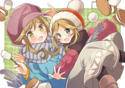 2girls :d adjusting_clothes adjusting_headwear aqua_eyes black_legwear blanket blue_coat brown_hair brown_headwear coat fang food green_eyes grey_scarf grey_skirt hug inuyama_akari inuyama_aoi kawanobe long_sleeves marshmallow multiple_girls open_mouth pom_pom_(clothes) red_coat red_headwear s&#039;more scarf siblings sisters skin_fang skirt smile striped_clothes striped_scarf thick_eyebrows yurucamp
