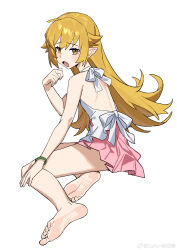 1girl absurdres bare_legs bare_shoulders barefoot blonde_hair blush dress fang feet foot_focus foreshortening hair_between_eyes hair_flaps highres legs long_hair looking_at_viewer monogatari_(series) open_mouth orange_eyes oshino_shinobu pink_skirt pointy_ears q_haoyu simple_background sitting skirt sleeveless sleeveless_dress soles solo toes watermark weibo_watermark white_background white_dress