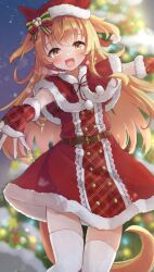 1girl absurdres animal_ears belt blurry blurry_background blush brown_belt capelet christmas christmas_tree commentary_request dress feet_out_of_frame fingerless_gloves fur-trimmed_capelet fur-trimmed_dress fur-trimmed_gloves fur-trimmed_headwear fur_trim gloves gold_buttons hat hat_bell highres horse_ears horse_girl horse_hat horse_tail long_hair looking_at_viewer mayano_top_gun_(formation:_party)_(umamusume) mayano_top_gun_(umamusume) night open_mouth orange_eyes orange_hair outstretched_arms plaid_clothes plaid_gloves potarou_pomi red_capelet red_dress red_gloves santa_costume santa_dress santa_hat smile solo tail thighhighs two_side_up umamusume white_thighhighs