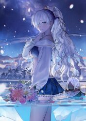 1girl anastasia_(fate) anastasia_(swimsuit_archer)_(third_ascension)_(fate) arm_at_side bikini bikini_skirt blue_bikini blue_eyes blue_skirt bouquet breasts cleavage cloud cowboy_shot fate/grand_order fate_(series) flower flower_request food frilled_skirt frills from_side fruit game_cg hair_over_one_eye hand_in_own_hair hand_on_own_shoulder hand_up high_ponytail holding holding_food holding_fruit holding_watermelon ice jewelry layered_skirt long_hair long_sleeves looking_at_viewer looking_to_the_side medium_breasts miniskirt off-shoulder_bikini off_shoulder official_art palm_tree parted_bangs parted_lips partially_submerged partially_underwater_shot pendant petals pink_flower ponytail puffy_long_sleeves puffy_sleeves purple_flower sime_(echo) skirt sling_bikini_top smile snowing solo standing swimsuit third-party_source tree very_long_hair viy_(fate) watermelon watermelon_slice white_flower white_hair white_sleeves wide_ponytail