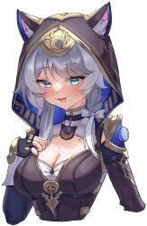1girl animal_ears animal_hood black_gloves blue_eyes blush braid breasts cat_ears cat_girl cat_hood cipher_(honkai:_star_rail) cleavage cleavage_cutout clothing_cutout fingerless_gloves gloves grey_hair highres honkai:_star_rail honkai_(series) hood hoodie large_breasts long_sleeves open_mouth rua_(rua0007113) side_braid simple_background smile solo tongue tongue_out upper_body white_background