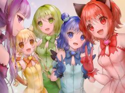 5girls aizawa_mint animal_ears aqua_dress bare_shoulders blonde_hair blue_bow blue_eyes blue_gloves blue_hair blush bow breasts cat_ears cat_girl cat_tail closed_mouth collarbone double_bun dress fong_pudding fujiwara_zakuro gloves green_bow green_eyes green_hair hair_bun heart highres long_hair looking_at_viewer medium_breasts mew_ichigo mew_lettuce mew_mint mew_pudding mew_zakuro midorikawa_lettuce momomiya_ichigo multiple_girls open_mouth pink_bow pink_dress pink_eyes pink_hair purple_bow purple_eyes purple_hair short_hair smile strapless strapless_dress tail tokyo_mew_mew tokyo_mew_mew_new twintails v wolf_ears wolf_girl yanluicarolchi1 yellow_bow yellow_eyes