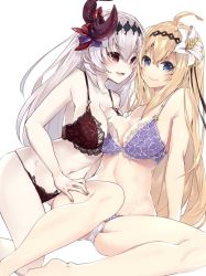 218 2girls ahoge bare_shoulders blonde_hair blue_eyes bra breasts dark_jeanne dual_persona feather_hair_ornament feathers flower granblue_fantasy groin hair_flower hair_ornament jeanne_d&#039;arc_(granblue_fantasy) large_breasts lingerie looking_at_viewer multiple_girls navel open_mouth pale_skin red_eyes simple_background smile underwear underwear_only white_background white_hair
